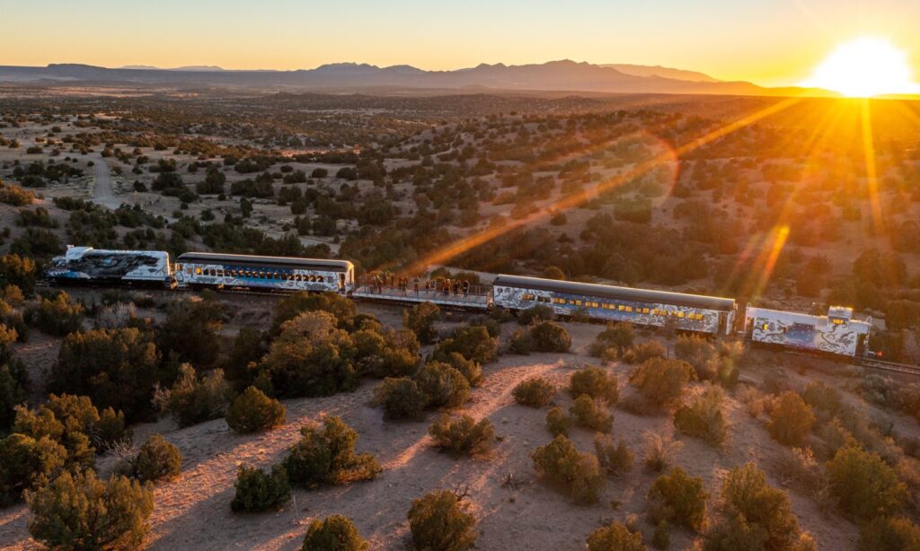 aerial view of the Sky Railway Adventure Train in Santa Fe New Mexico at sunset